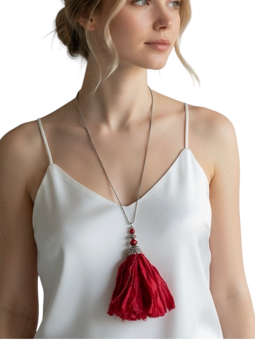 Bohemian Scarlet Red India Silk Tassel Pendant Necklace NWT Festival Bohemian
